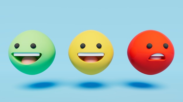 Green yellow and red emoticons with different expressions 3d rendering health concepts emotions front view