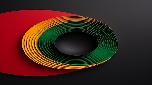 Green yellow and red papers with black circle and copy space on black background