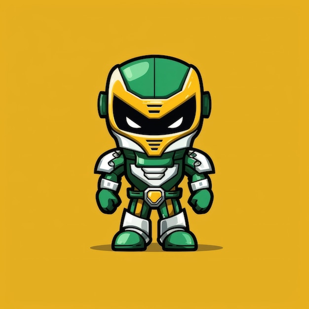 A green and yellow robot character