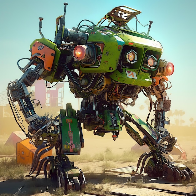 A green and yellow robot with the number 2 on it