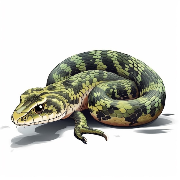 A green and yellow snake with a black stripe on its head is shown.