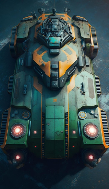 Green and yellow tank sitting on top of a body of water generative ai