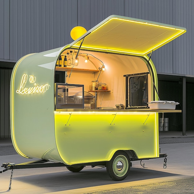 a green and yellow trailer with the word la on it