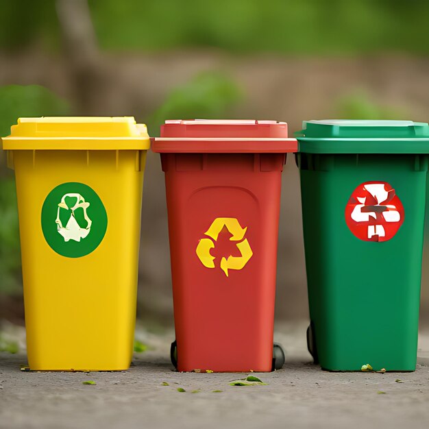 a green and yellow trash can with a green and yellow label that says recyclable