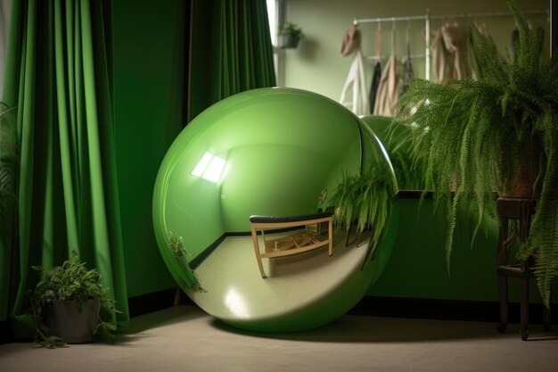 Green yoga ball placed against a studio mirror