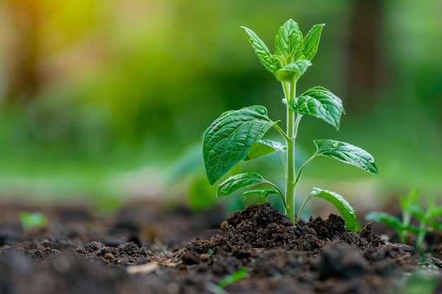 緑の若い植物は新鮮な葉を通して太陽光をフィルターする新鮮な生命コンセプトで土に近づきます