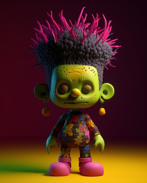 A green zombie doll with a pink wig and pink hair is standing on a stage.