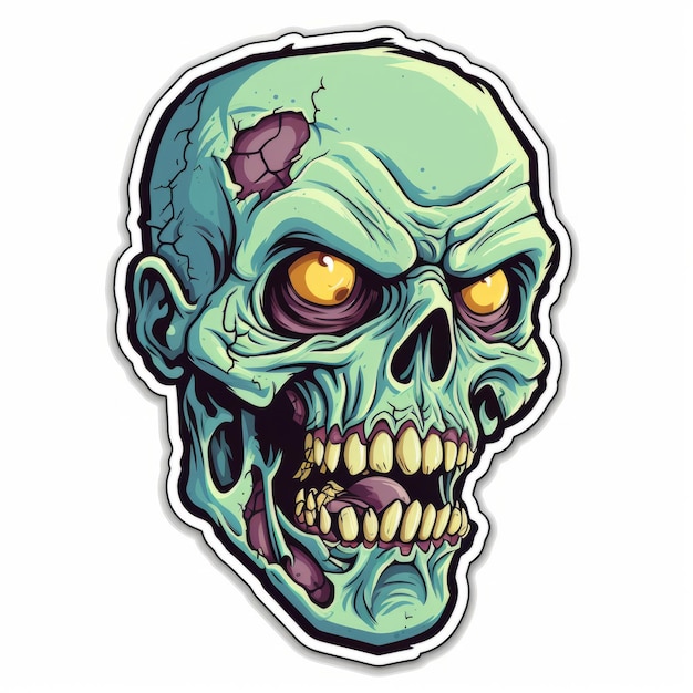 Green Zombie Head Sticker Highly Detailed Cartoon Style