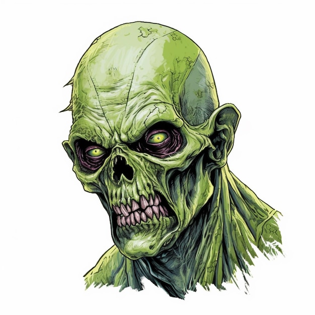 Зеленая голова зомби с широкой ухмылкой на лице, генеративный искусственный интеллект