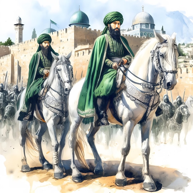 GreenClad Sufi on a White Horse Watercolor Style