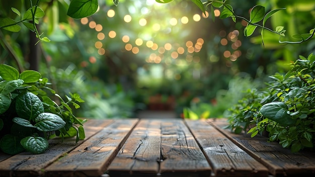 Зелёный фон с размытым тепличным окружением на пустом деревянном столе Концепция Природа Зелёность размытый фон Деревянный стол теплица