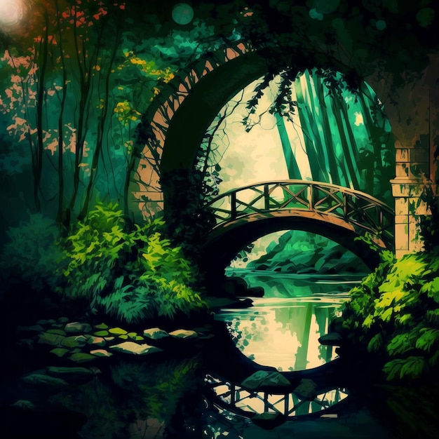 greenery and a bridge in the beautiful forest natural colors and beautiful sky above the sunrise