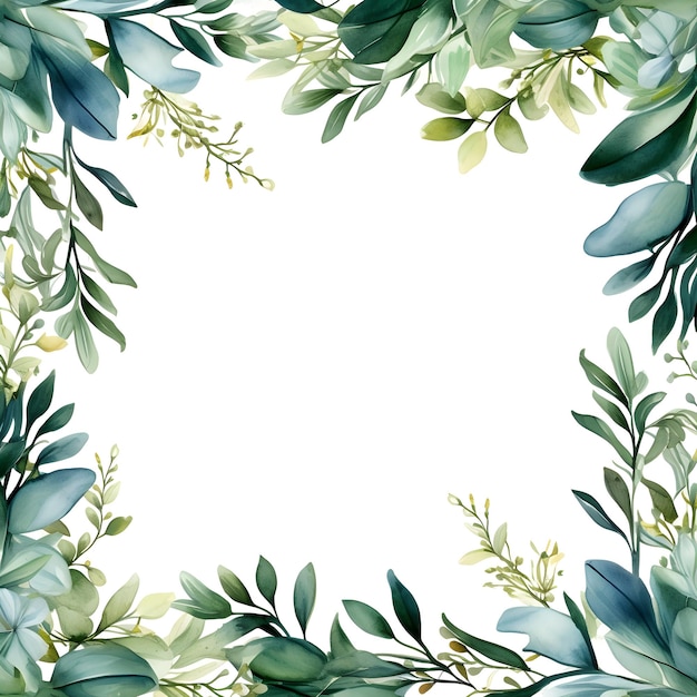 Greenery green leaves branches berries Watercolor rectangular frame