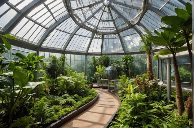 Greenery in the greenhouse with glass dome