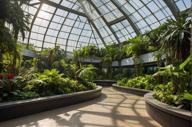 Greenery in the greenhouse with glass dome