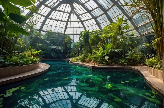 Greenery in the greenhouse with glass dome