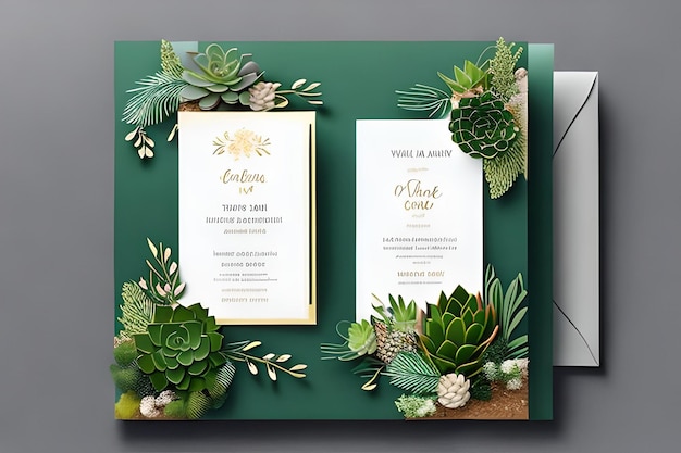 Photo greenery succulent and branches wedding invitation card save the date thank you rsvp template v