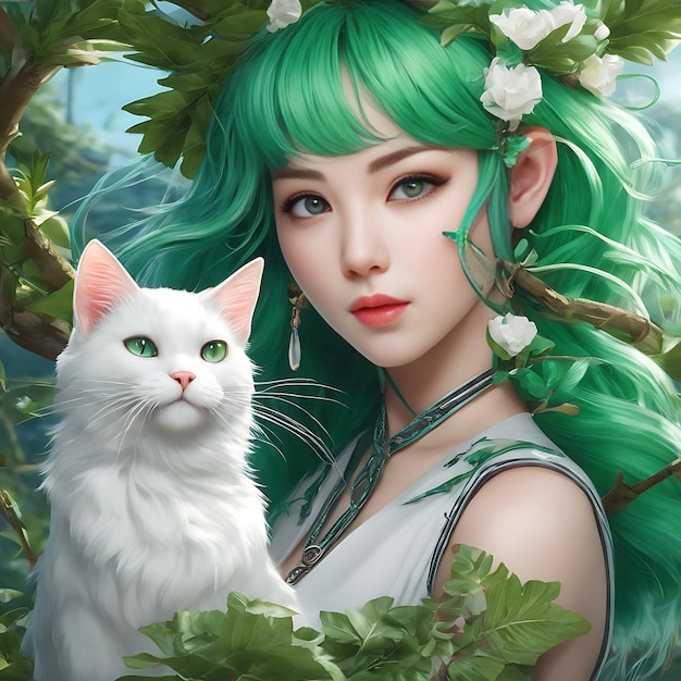 Photo greenhair girl with tree and cat