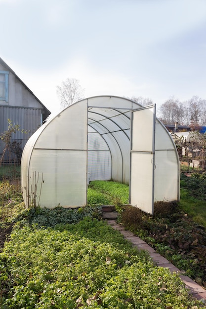 Photo greenhouse in the back garden with the open door, work in the garden