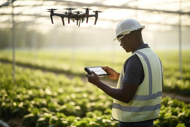 in greenhouse farmer employs a drone for crop health and irrigation modern agriculture tech