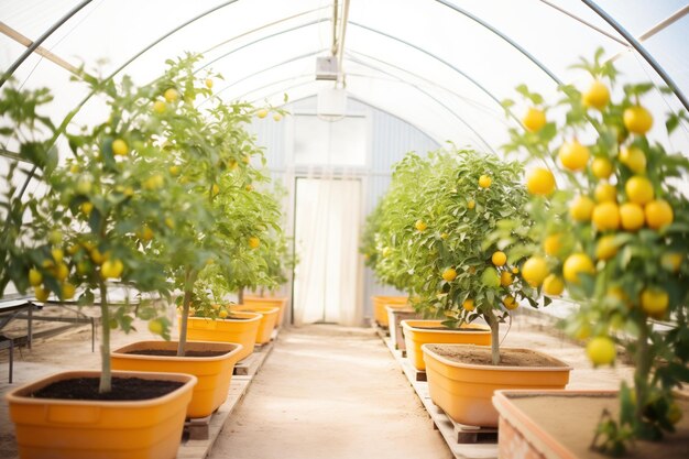 Greenhouse filled with an array of summertime citrus trees