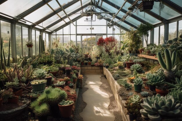 Greenhouse filled with blooming flowers and succulent plants created with generative ai