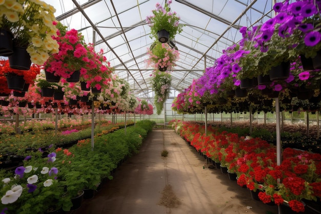 Foto serra piena di cesti appesi di fiori vivaci e colorati