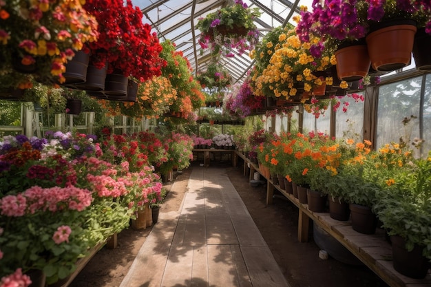 Foto serra piena di cesti appesi di fiori vivaci creati con ai generativa