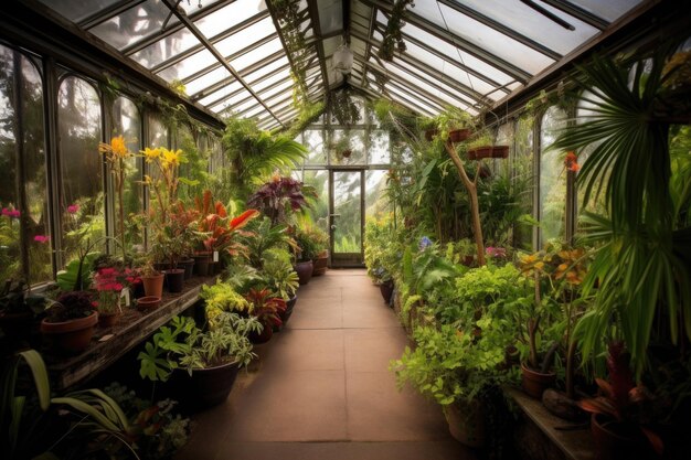 Greenhouse filled with lush tropical vegetation and exotic flowers created with generative ai