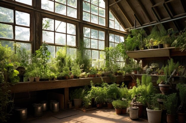 Greenhouse filled with organic plants and herbs created with generative ai