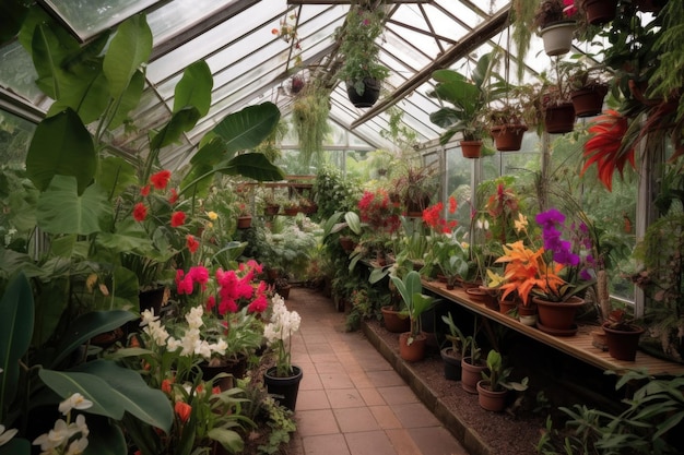 Greenhouse filled with tropical plants and exotic flowers created with generative ai