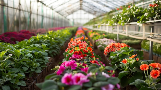 A greenhouse full of beautiful flowers of various colors The flowers are arranged in rows with each row containing flowers of the same color