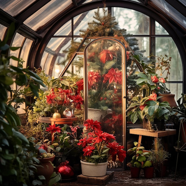 greenhouse holiday themed plants and decorations