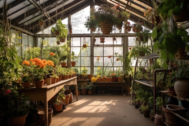 Greenhouse interior with hanging baskets and climbers created with generative ai