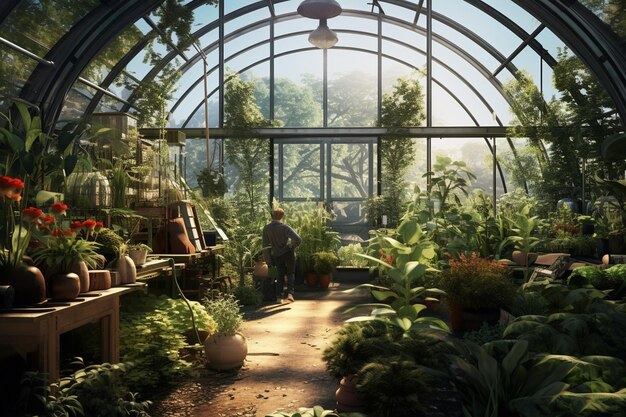 Photo greenhouse interior with plants in glasshouse ai generated