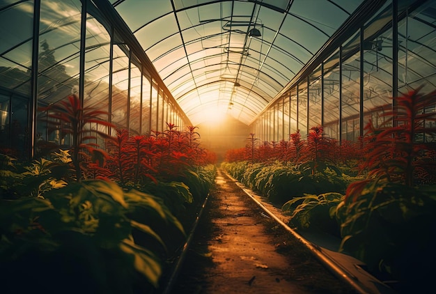 Photo a greenhouse is growing crops and set over the sun in the style of brandon woelfel