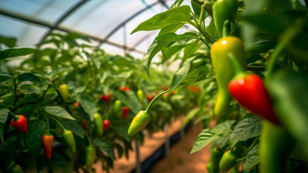 Greenhouse medley green and red peppers amidst greenery