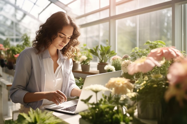 Greenhouse owner examining flowers and using laptop and touch pad at work AI generated