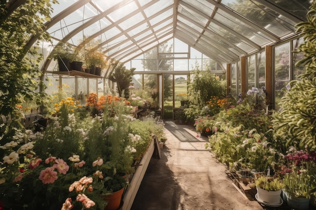 Greenhouse surrounded by garden with blossoming flowers and herbs