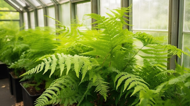 A greenhouse with ferns growing in it