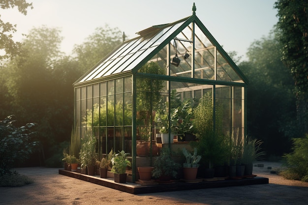 緑の屋根と緑の屋根を持つ温室。