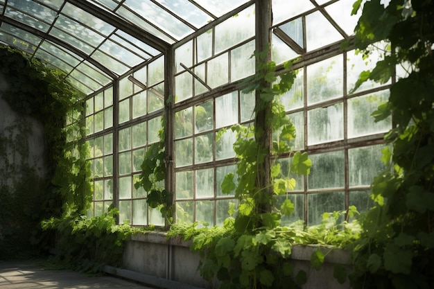 A greenhouse with a green wall and a plant growing out of it.