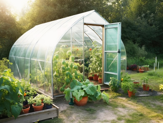 写真 トマトキュウリハーブを育てる温室 - 晴れた夏の日に庭で作られた人工知能 - ガーデニングのコンセプト - 健康的な自家製食品とエコ製品