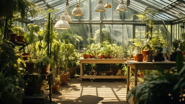 a greenhouse with a lot of plants inside