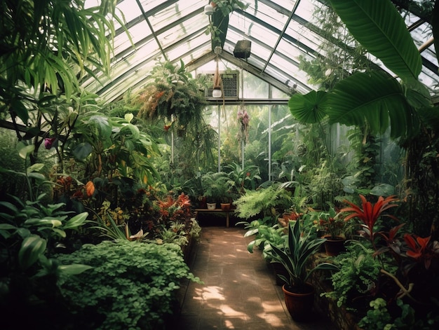 たくさんの植物と天窓のある温室。