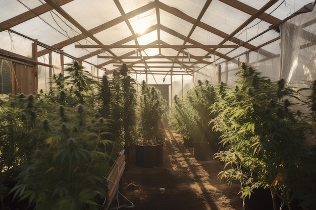 Greenhouse with lush cannabis plants growing in the sunlight