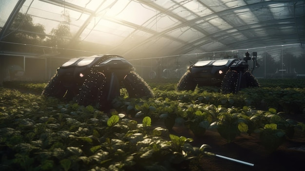 A greenhouse with plants in it and a light shining on the ceiling.