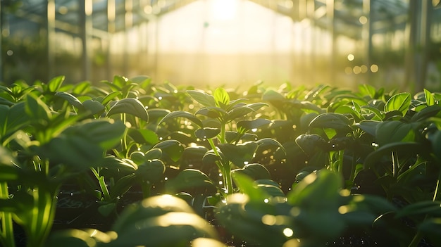 温室 で 植物 や 苗 が 柔らかい 太陽 の 光 に 浴び て いる