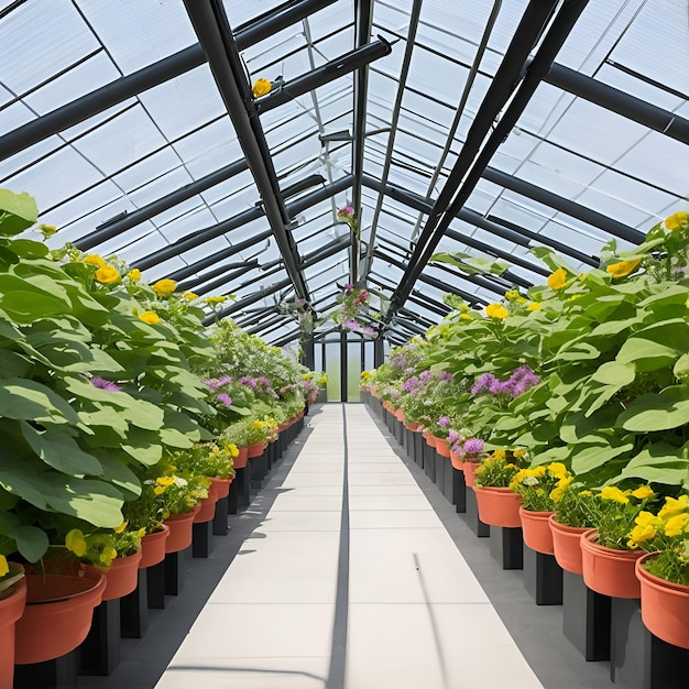 A greenhouse with pots of flowers in it