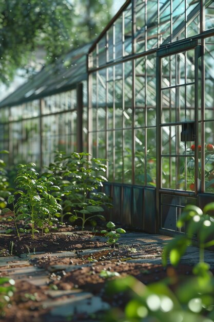 Photo greenhouse with seedlings of herbs and vegetables generative ai